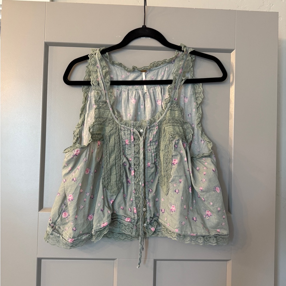 Free People Sage Green Floral Blouse